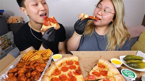 Mukbang Asmr 먹방 Stuffed Crust Pizza Waffle Fries And Fried Chicken