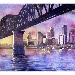 Louisville, KY Skyline at Sunset. Watercolor Painting of Louisville ...