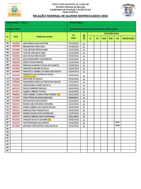 Relação Nominal 2022 5° Ano Novo Pdf