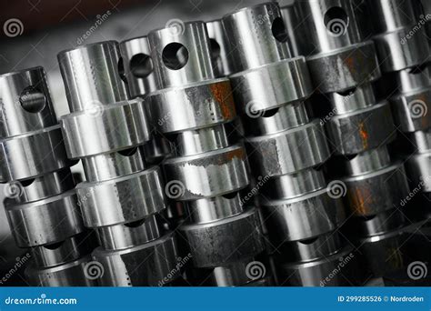 Stacks Of Steel Rollers With Holes In Plant Warehouse Stock Photo