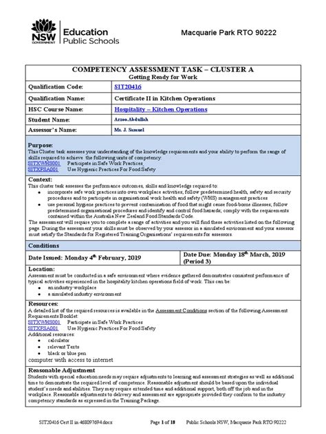 Competency Assessment Task Cluster A Macquarie Park Rto 90222 Pdf