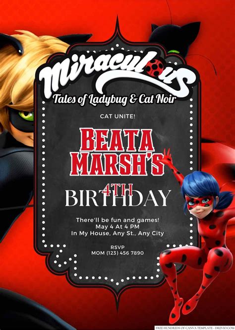 Free Editable Miraculous Ladybug And Cat Noir Birthday Invitation