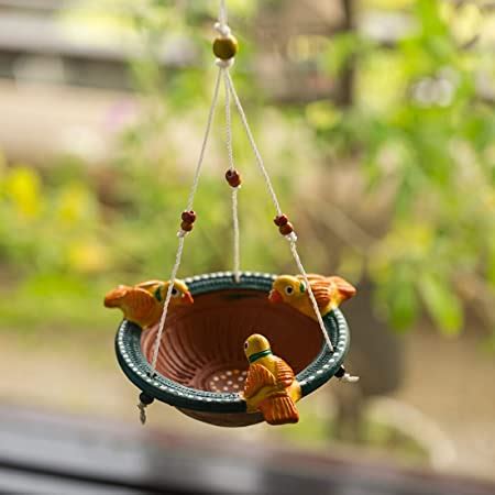 ExclusiveLane Terracotta Handpainted Bird Feeder Backyard Bird Feeder