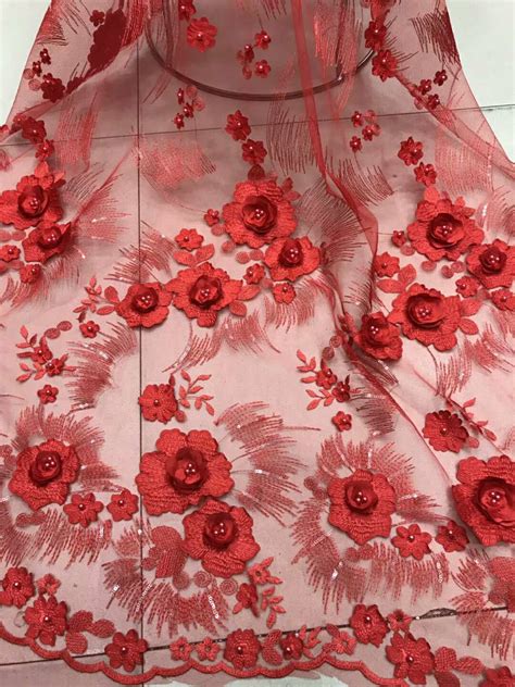 Red 3d Flower Embroidered Tulle Lace Fabric Wedding Dresses Sequins Beaded Lace