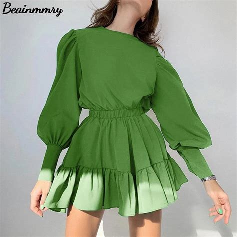 Autumn Lantern Sleeves Ruffled Women A Line Dresses Female O Neck