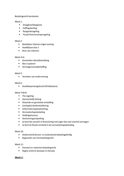 Samenvatting Leerdoelen Belastingrecht Belastingrecht Leerdoelen Week