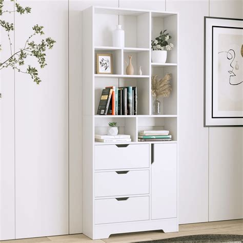 SEJOV Stylish White Bookshelf, 71" Tall Bookshelf with Doors and 3 ...