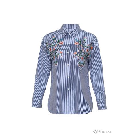 Ladies Blue And White Stripe Floral Embroidered Shirt Wholesale