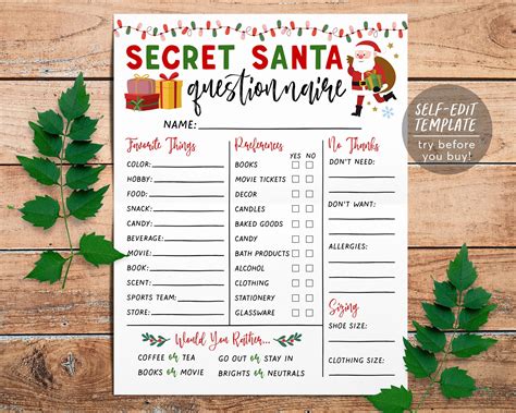 Secret Santa Questionnaire Editable Template Holiday Christmas T E