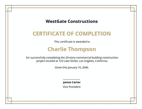 Free Certificate Of Completion Construction Templates Printable Templates