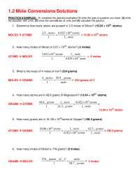 Mole Conversions Solutions Worksheet Exercises Chemistry Docsity