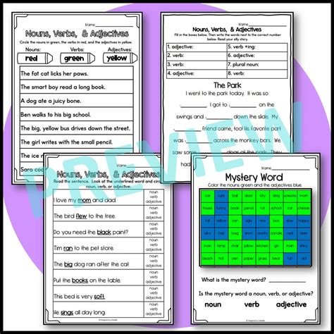 Nouns Verbs And Adjectives Sorts And Worksheets Printable Sheets Kindergarten First Grade