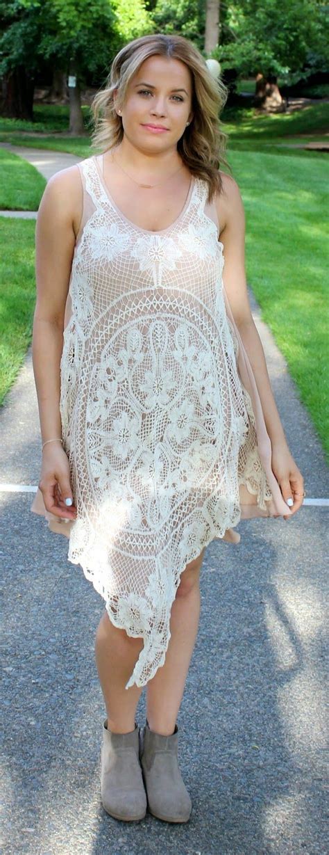 Nude And Cream Crotchet Dress Grey Booties Gold Initial Plate Necklace Crotchet Dress