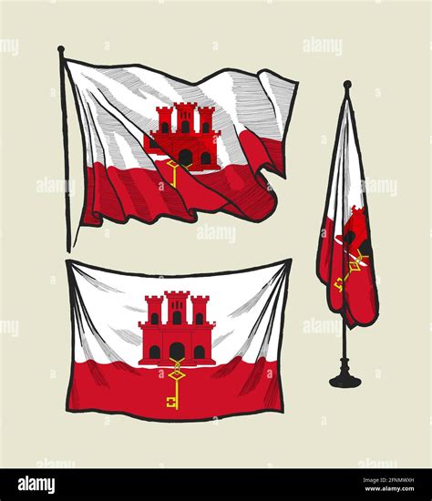 Flag Of Gibraltar On The Wind And On The Wall Hand Drawn Illustration