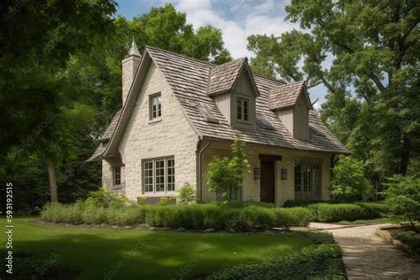 French Country House With Classic Shingled Roof And Stone Porch