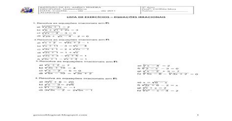 Lista De Exercícios Equações Irracionais Ii Unidade [pdf Document]