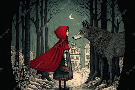 Premium Photo A Fairytale Illustration Of The Little Red Riding Hood Fantasy Epic Tale Vintage