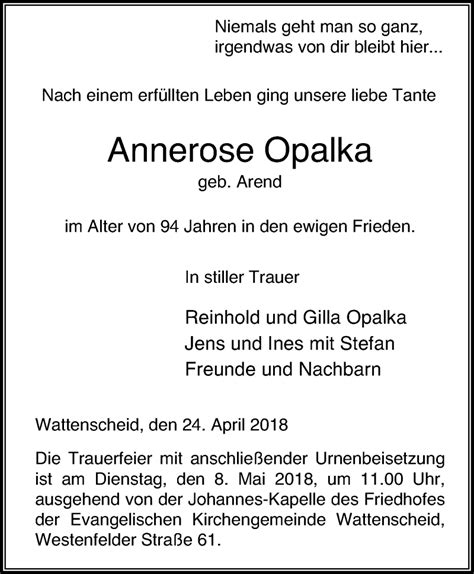 Traueranzeigen Von Annerose Opalka Trauer In NRW De