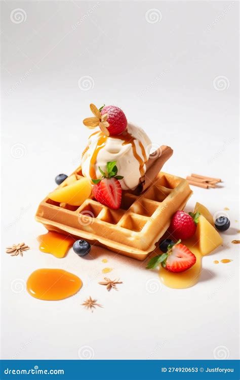 Waffle With Caramel Ice Cream And Fresh Fruits Generative Ai Stock