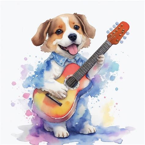 Um Cachorro Fofo Em Aquarela Tocando Viol O Foto Premium