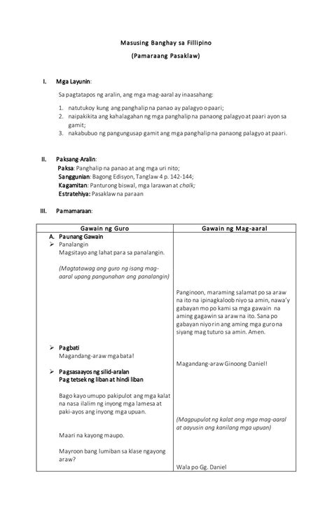 Masusing Banghay Aralin Sa Filipino Detailed Lesson Plan In Filipino