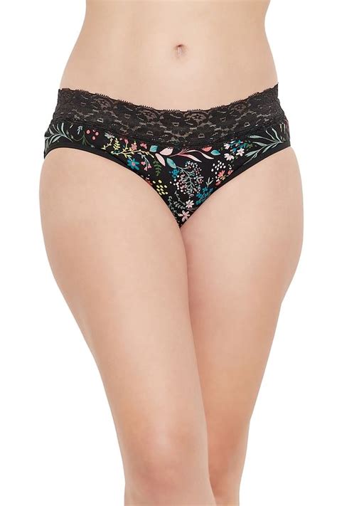 Buy Mid Waist Floral Print Hipster Panty In Black With Lace Waist Cotton Online India Best