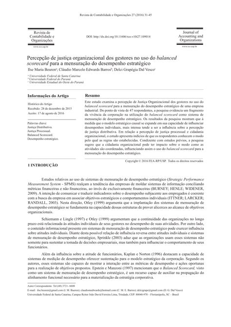 Pdf Percep O De Justi A Organizacional Dos Gestores No Uso Do