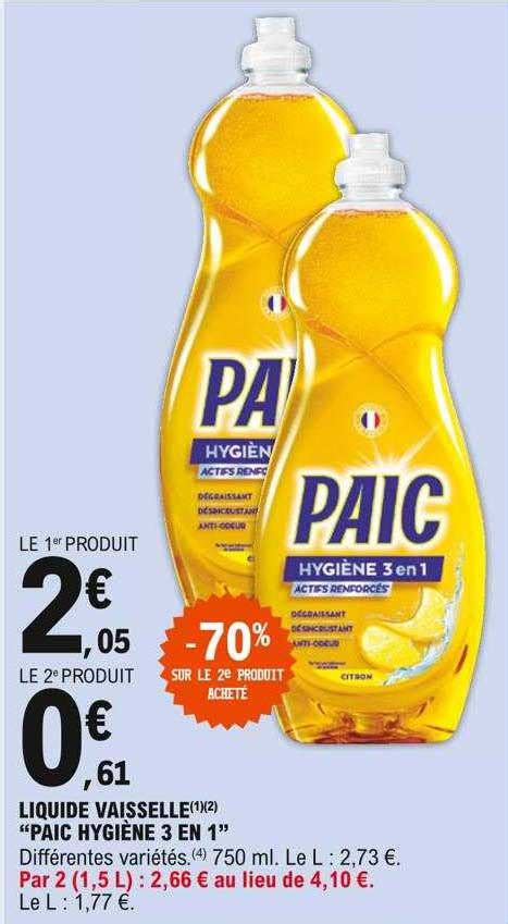 Promo Liquide Vaisselle paic Hygiène 3 En 1 chez E Leclerc