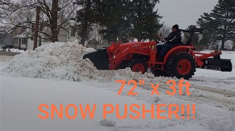 44 Kubota L2501 72 X 3ft Snow Pusher Clearing Wet Heavy Snow Working With A 72 Rear Blade