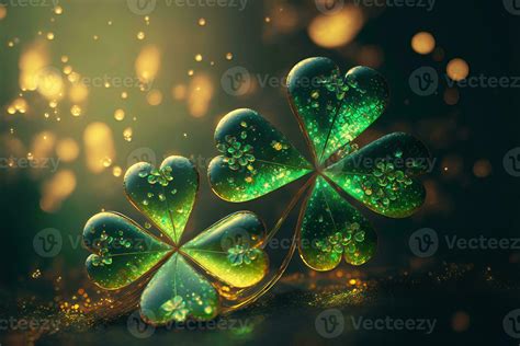 Festive Background With Shining Clover Shamrocks And Golden Bokeh St