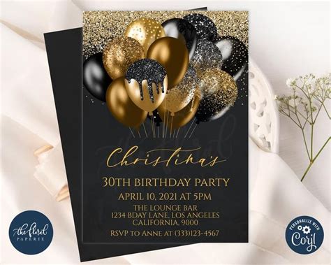 Black And Gold Birthday Invitation Template Editable Birthday