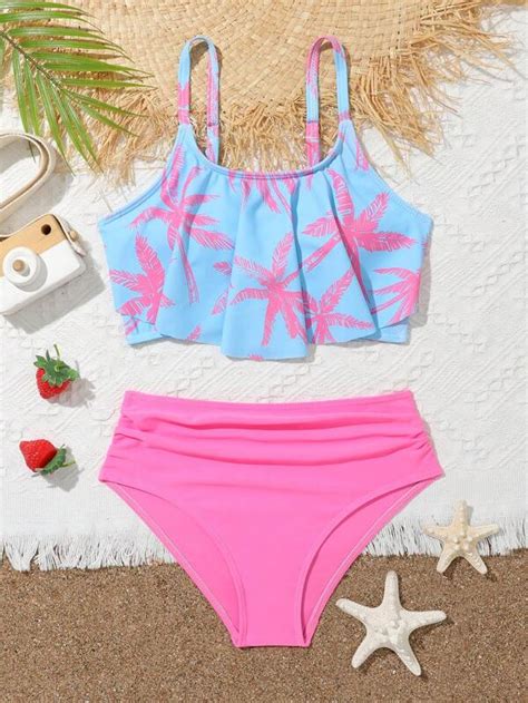 Chica preadolescente Bañador bikini con estampado tropical fruncido