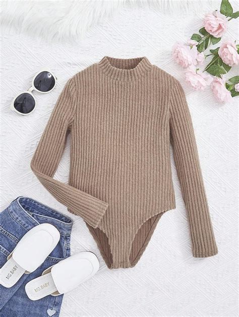 Shein Tween Girl Mock Neck Ribbed Knit Bodysuit Shein Usa