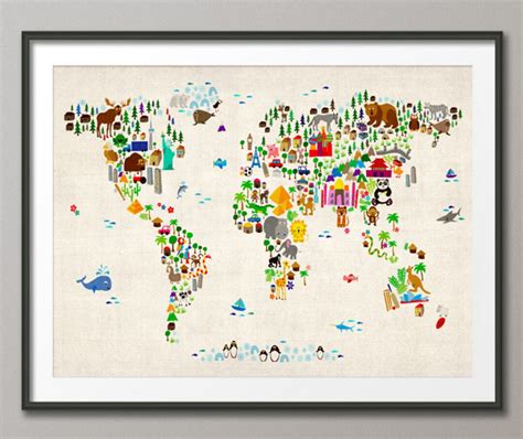 Animal Map of the World Map for Children and Kids, Art Print 60 - Etsy