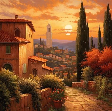 Premium AI Image | A painting of a town with a sunset in the background.