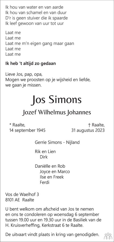 Jos Jozef Wilhelmus Johannes Simons Overlijdensbericht En