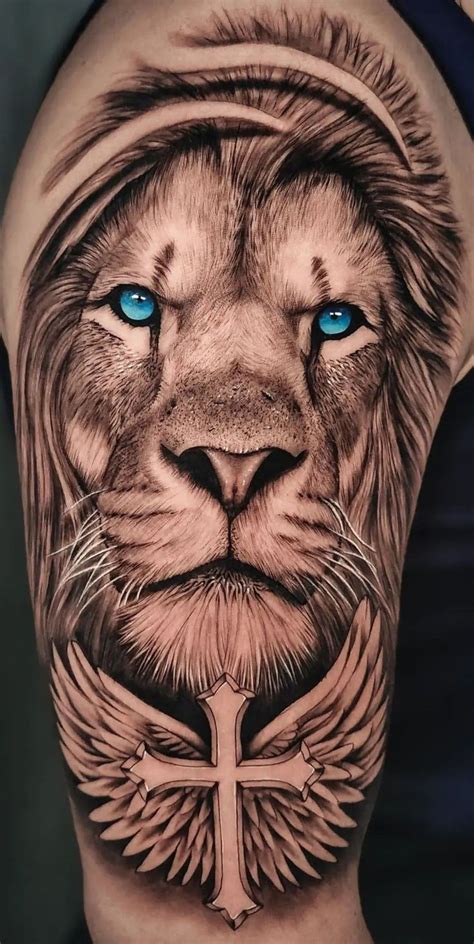 A Man S Arm With A Lion Tattoo On It And Blue Eyes In The Center