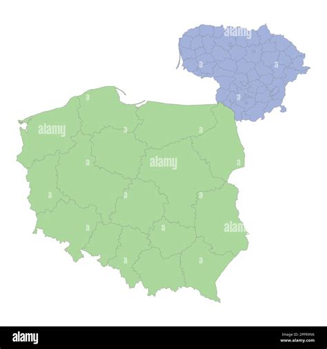 High quality political map of Poland and Lithuania with borders of the ...