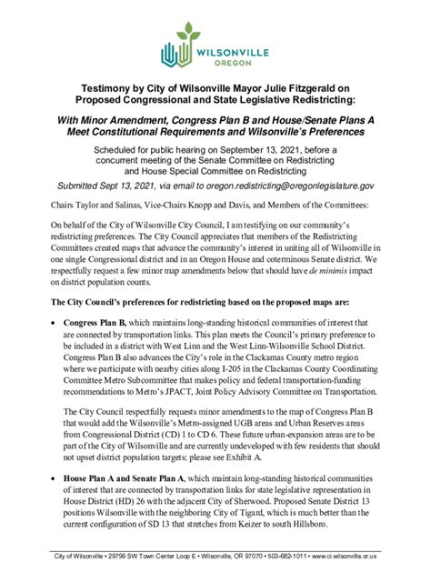 Fillable Online Testimony By City Of Wilsonville Mayor Julie Fitzgerald