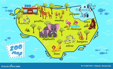 Modern Zoo Animals Location Map Cartoon Vector Stock Illustration