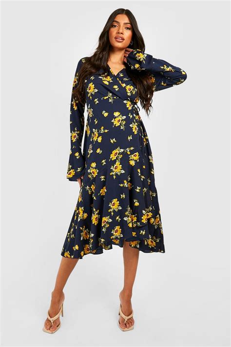 Womens Maternity Floral Print Wrap Midi Dress Boohoo Uk