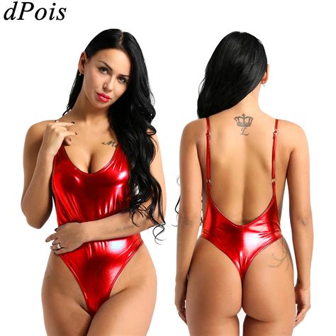 Women Sexy Bodysuit One Piece Swimsuit Thong Sleeveless Patent Leather Leotard Skinny Deep U