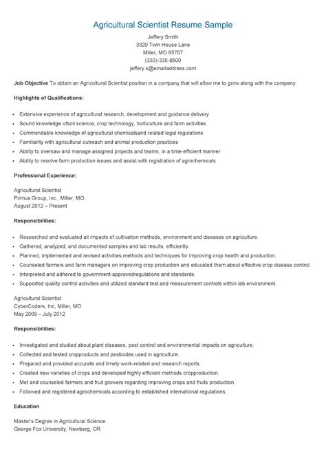 Resume Samples Agricultural Scientist Resume Sample