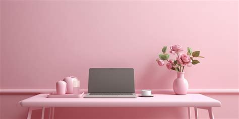 Premium AI Image | A pink wall with a laptop and flowers on it.