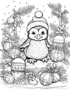 A Black And White Drawing Of An Owl In A Santa Hat Surrounded By