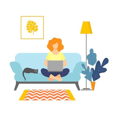 Premium Vector Woman With Laptop Sitting On The Sofa Freelance Or