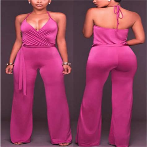 New Autumn Women Elegant Sleeveless Backless Jumpsuits Women Sexy Deep V Neck Halter Jumpsuit