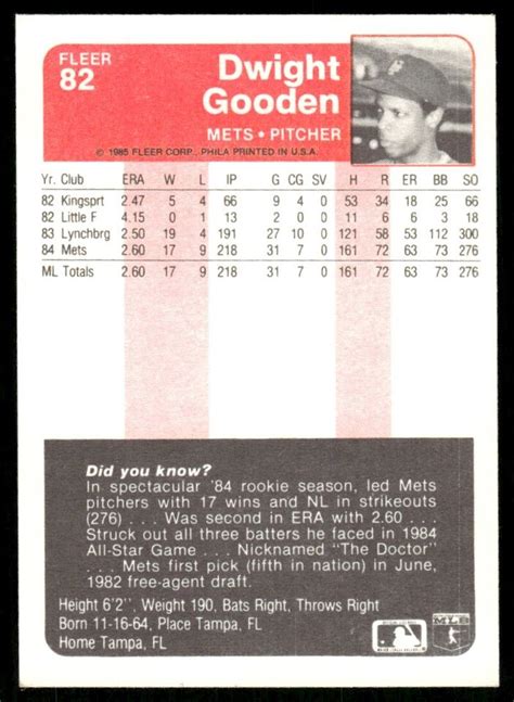 Dwight Gooden New York Mets 82 1985 Fleer Baseball EBay