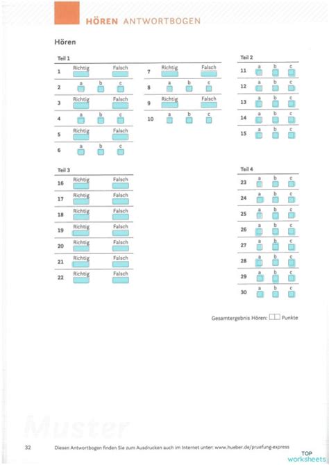 Antwortbogen Hören Interaktives Arbeitsblatt Topworksheets