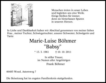 Traueranzeigen von Marie Luise Böhmer Trauer in NRW de